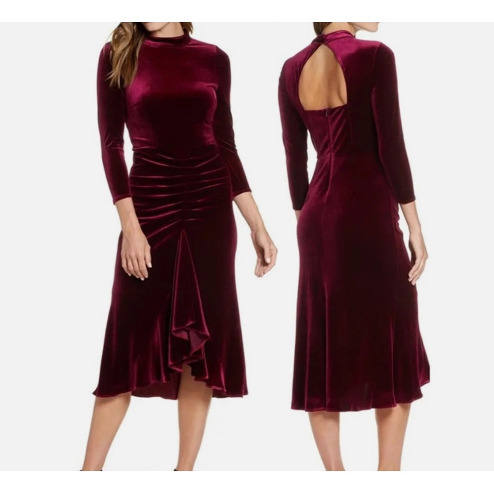 Eliza J Velvet Velour Burgundy Ruched Dress‎ with Keyhole Back